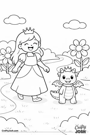 A laughing princess walks happily along a garden path with her baby dragon friend trotting beside her.