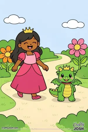 A laughing princess walks happily along a garden path with her baby dragon friend trotting beside her.