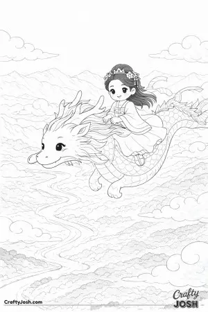 This picture shows a princess riding on a dragon as they soar above rolling hills and a winding river below.