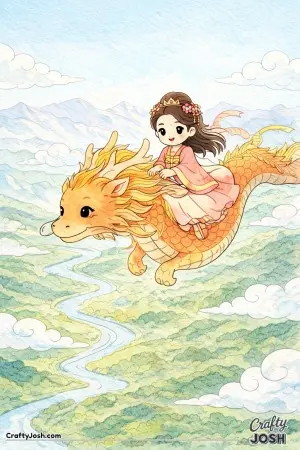 This picture shows a princess riding on a dragon as they soar above rolling hills and a winding river below.