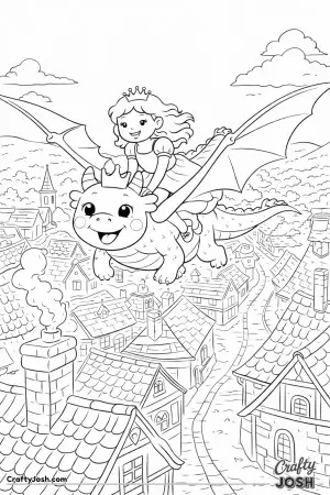 This adventurous fantasy moment captures the thrill of flying high over chimneys and rooftops with a dragon companion