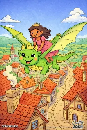 This adventurous fantasy moment captures the thrill of flying high over chimneys and rooftops with a dragon companion