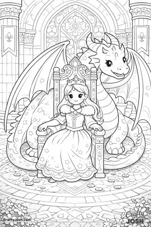 This scene shows a princess sitting proudly on her royal throne while a loyal dragon curls protectively behind her