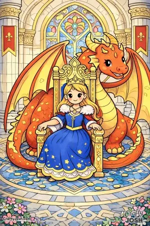 This scene shows a princess sitting proudly on her royal throne while a loyal dragon curls protectively behind her