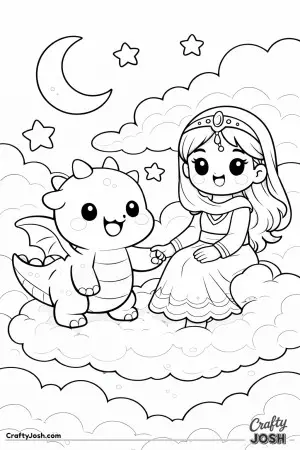 This princess is sitting on a soft cloud beside her friendly dragon