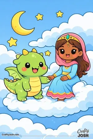 This princess is sitting on a soft cloud beside her friendly dragon