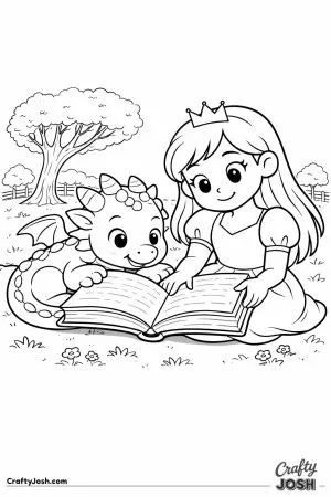 A princess and her dragon sit together on the grass, sharing a big open book .