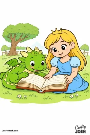 A princess and her dragon sit together on the grass, sharing a big open book .