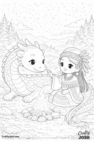 This illustration shows a princess sitting calmly beside a gentle dragon as they share a quiet moment by a small campfire
