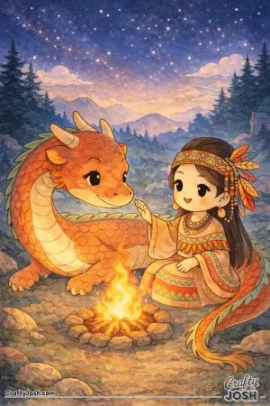 This illustration shows a princess sitting calmly beside a gentle dragon as they share a quiet moment by a small campfire