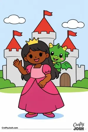 A smiling princess waves as a shy baby dragon peeks out from behind her shoulder, with a simple castle standing quietly in the background