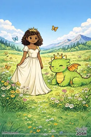 A friendly dragon naps in the grass while a princess watches over it in a vast flower-filled meadow