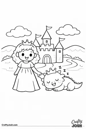 A sleepy baby dragon rests on the ground as a kind princess watches over it near the castle