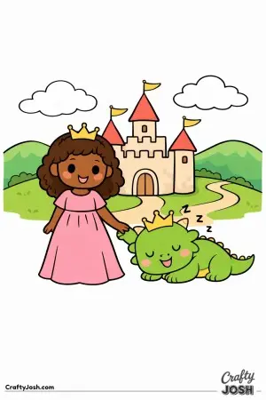 A sleepy baby dragon rests on the ground as a kind princess watches over it near the castle