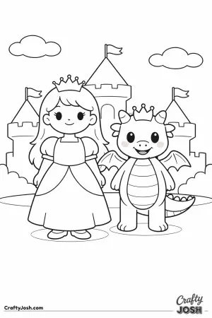 A princess and her baby dragon stand side by side, both wearing tiny matching crowns.