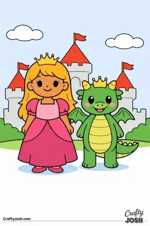 A princess and her baby dragon stand side by side, both wearing tiny matching crowns.