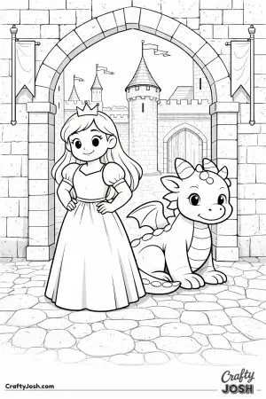 A princess stands proudly in front of a grand castle gate while a dragon sits nearby