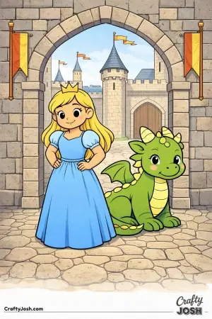 A princess stands proudly in front of a grand castle gate while a dragon sits nearby
