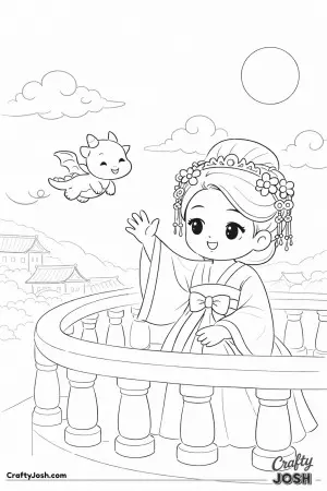 This scene shows a princess waving from her balcony as a small dragon glides by in the sky
