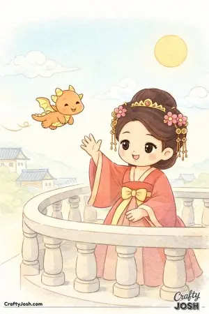 This scene shows a princess waving from her balcony as a small dragon glides by in the sky