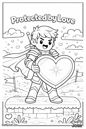 This heroic Valentine’s Day coloring page features a brave character holding a heart-shaped shield with the message “Protected by Love.”