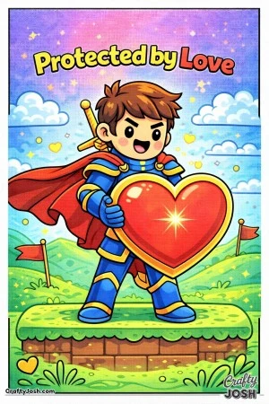 This heroic Valentine’s Day coloring page features a brave character holding a heart-shaped shield with the message “Protected by Love.”