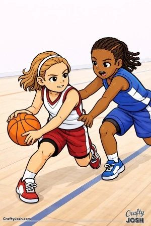 A young basketball player crouches low while shielding the ball as a defender reaches in from the side attempting a steal