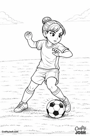 A young soccer player turns her body to shield the ball, keeping one foot on it while holding her arms out for balance on a simple field background