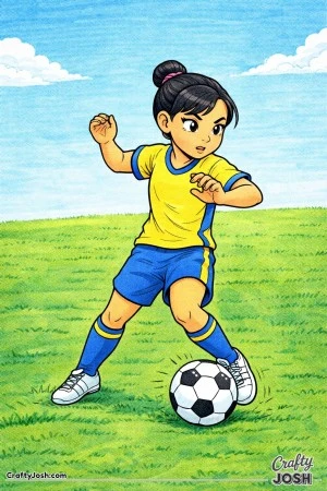 A young soccer player turns her body to shield the ball, keeping one foot on it while holding her arms out for balance on a simple field background
