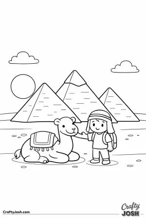 Travel to Egypt with this friendly Pyramids of Giza scene, where a calm camel and a smiling traveler enjoy the desert together