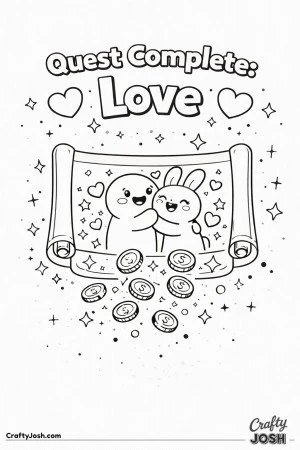 This adorable Valentine’s Day coloring page features a game-inspired “Quest Complete: Love” scene with two happy characters celebrating ..