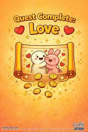 This adorable Valentine’s Day coloring page features a game-inspired “Quest Complete: Love” scene with two happy characters celebrating ..