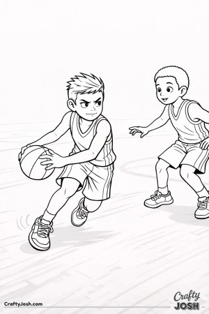 A young basketball player performs a sharp crossover dribble while an opposing defender reacts late and stumbles trying to recover