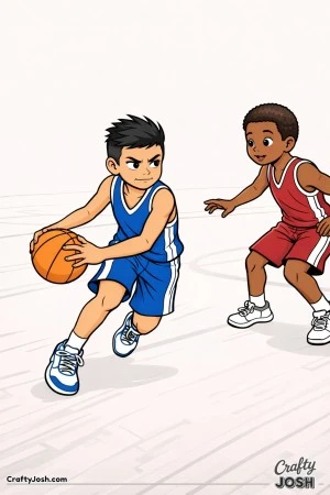 A young basketball player performs a sharp crossover dribble while an opposing defender reacts late and stumbles trying to recover