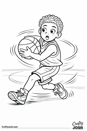 A young basketball player performs a quick spin move while holding the ball close and turning sharply on the court