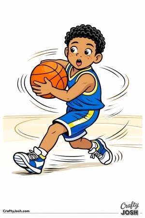 A young basketball player performs a quick spin move while holding the ball close and turning sharply on the court