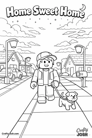 A peaceful Roblox-inspired coloring page showing a blocky avatar walking a small pet along a quiet suburban sidewalk at sunset, with simple houses, ..
