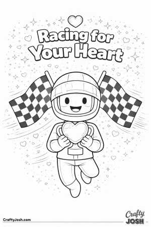 This Valentine’s Day coloring page features a cheerful racer holding a heart-shaped trophy with the phrase “Racing for Your Heart.”