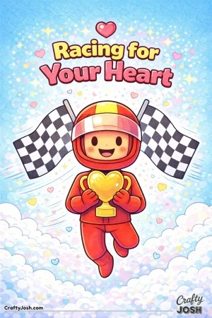 This Valentine’s Day coloring page features a cheerful racer holding a heart-shaped trophy with the phrase “Racing for Your Heart.”