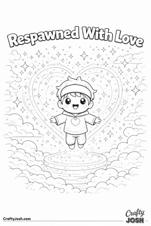 This cheerful Valentine’s Day coloring page features a character reappearing with a glowing heart aura, surrounded by clouds and sparkles, along ..