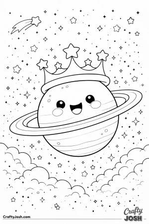 A smiling ringed planet wears its rings like a crown as it floats proudly in a starry sky