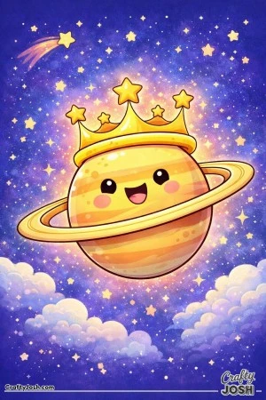 A smiling ringed planet wears its rings like a crown as it floats proudly in a starry sky