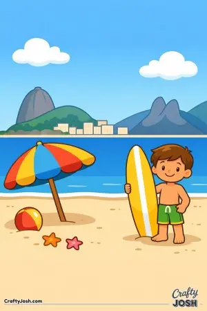 This beach scene shows a smiling boy holding his surfboard by the ocean, with sand, clouds, and mountains in the distance.