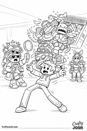 A fun Roblox-inspired studio scene where an accessory wall tips over, sending hats, glasses, wings, and backpacks cascading down as one avatar tries ..