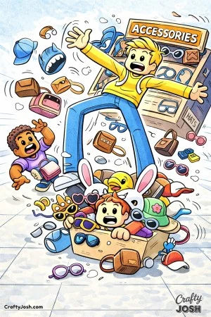 A chaotic Roblox-inspired scene where an accessory station tips over, sending hats, bags, and glasses flying as one long-legged avatar struggles to ..
