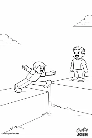 A Roblox-inspired coloring page showing a kid stretching as far as possible from one platform to another while a friend watches and cheers, with big ..