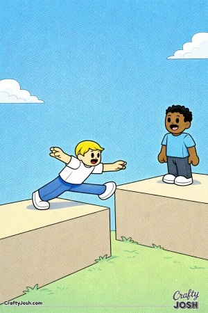 A Roblox-inspired coloring page showing a kid stretching as far as possible from one platform to another while a friend watches and cheers, with big ..