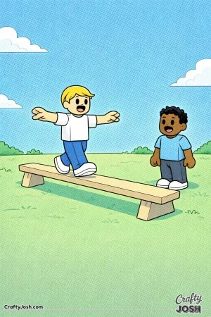 A Roblox-inspired coloring page showing one kid carefully walking across a low balance beam with arms out while a friend waits at the end, creating a ..