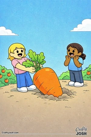 A Roblox-inspired coloring page showing two kids in a garden as one pulls a giant vegetable from the soil while the other watches in happy surprise, ..
