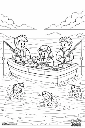 A Roblox-inspired scene showing three blocky avatars working together on a small fishing boat, with two fishing from opposite sides while a third ..